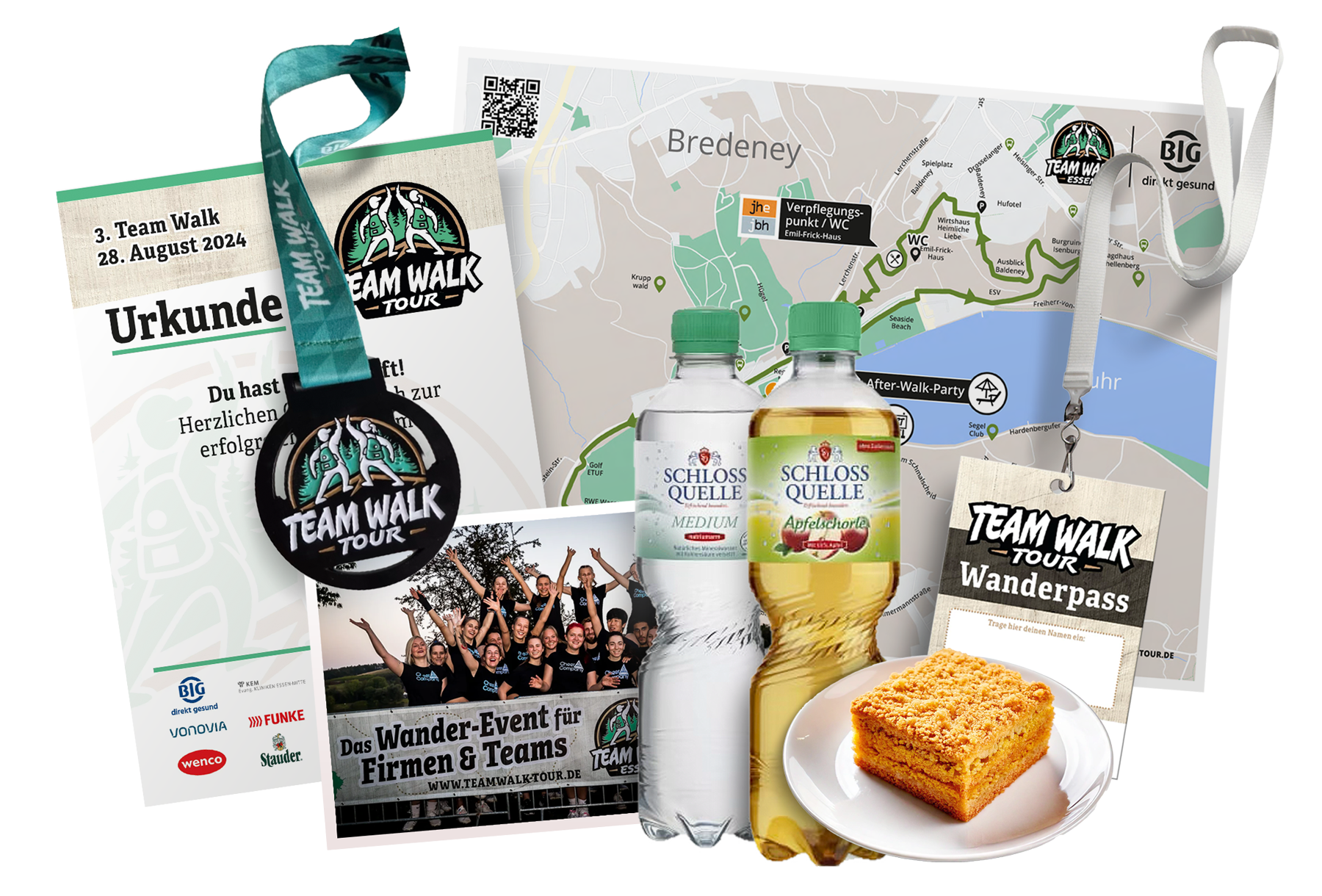Inhalt des Starterpakets: Urkunde, Finisher-Medaille, Wanderkarte, zwei Getränke, Wanderpass und ein Stück Kuchen